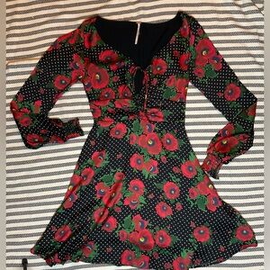 Free People Black and Red Floral Long Sleeve Dress